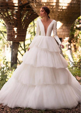 Shop Backless Sexy Spandex & Tulle V-neck Long Sleeves Ball Gown Wedding Dress