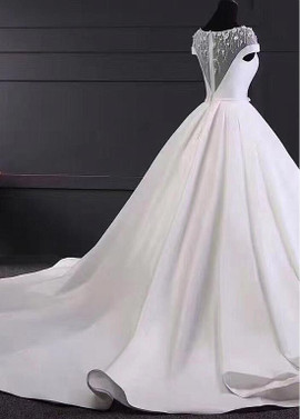 Shop Elegant Satin Scoop Long Train A-line Wedding Dress With 3D Flowers Under 200