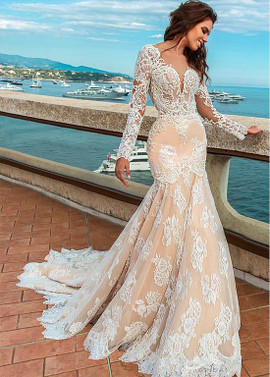 Shop Champagne Tulle Jewel Beadings & Lace Appliques Mermaid Wedding Dress under 200