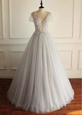 Shop Romantic  Beaded Lace Appliques Tulle V-neck Gray A-line Wedding Dress Under 200