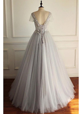 Shop Romantic  Beaded Lace Appliques Tulle V-neck Gray A-line Wedding Dress Under 200