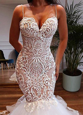 Shop Elegant Tulle Spaghetti Straps Champagne Mermaid Wedding Dress With Beadings