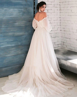 Shop Sexy Backless Tulle Lace Appliques & Belt Bateau Long Sleeves A-line Wedding Dress under 200