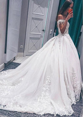 Off-the-shoulder Tulle & Organza Ball Gown Wedding Dresses With Lace Appliques