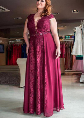 Shop Plus Size Lace & Chiffon V-Neck Burgundy A-Line Mother Dresses With Beadings For 2020 Wedding