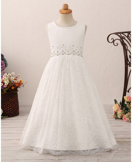 Vintage Juniors Beading Long Lace Flower Girl Dress