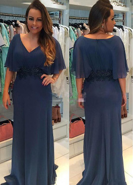 Shop Sexy Plus Size Chiffon V-Neck Navy Blue Sheath/Column Mother of The Bride Dress With Beadings From Annakoo