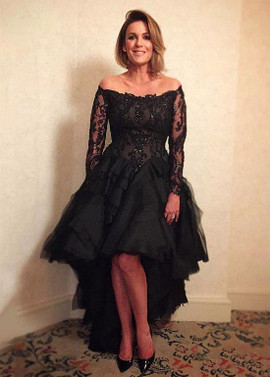  Beaded Lace Appliques Tulle Off The Shoulder Black Hi-Lo Mother Of The Brides Dresses