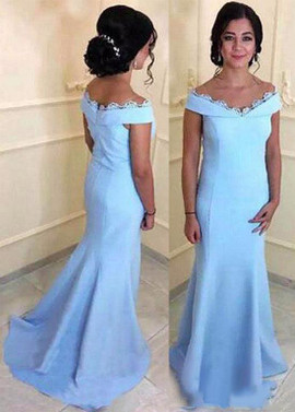 Shop Elegant Satin Off The Shoulder Light Sky Blue Mermaid Mother Of The Bride Dresses From Annakoo
