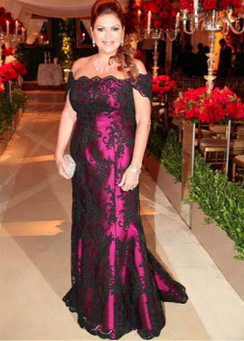 Shop Fuchsia Lace & Satin Off The Shoulder  Sheath/Column Mother Dresses