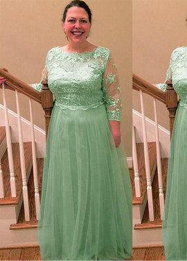 Shop Sexy Green Tulle Jewel Long Sleeves A-line Mother Of The Bride Dress With Lace Appliques under 100