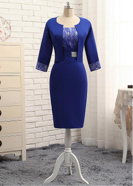 Shop Cheap Satin Jewel Long Sleeves Knee-length Sheath/Column Mother Of The Bride Dresses With Jacket from Annakoo
