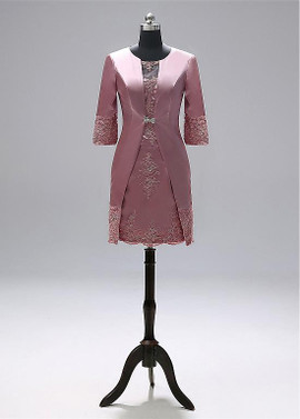 Shop Cheap Satin Jewel Dusty Rose Sheath/Column Mother Of The Bride Dresses With Lace Appliques with Jacket