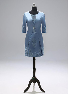 Shop Cheap Satin Jewel Dusty Rose Sheath/Column Mother Of The Bride Dresses With Lace Appliques with Jacket