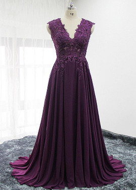 Shop Dark Purple Chiffon V-neck Purple A-line Mother Of The Bride Dresses With Lace Appliques