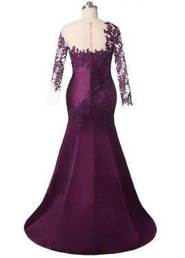 Shop Long Sleeves Satin Jewel Purple Mermaid Mother Of The Bride Dresses With Lace Appliques & Beadings