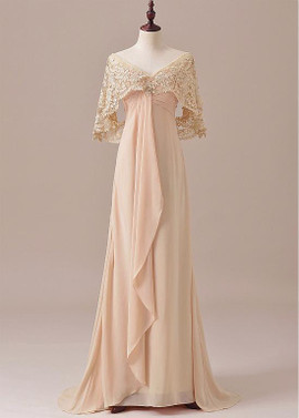 Shop Beach  Chiffon V-neck Champagne A-line Mother Of The Bride Dresses With Lace Appliques from Annakoo