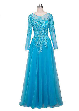 Cheap Long Sleeves Sky Blue Tulle Jewel  A-line Mother Of The Bride Dresses With Lace Appliques
