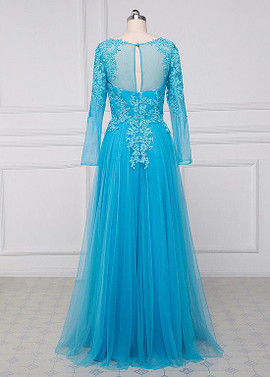 Cheap Long Sleeves Sky Blue Tulle Jewel  A-line Mother Of The Bride Dresses With Lace Appliques