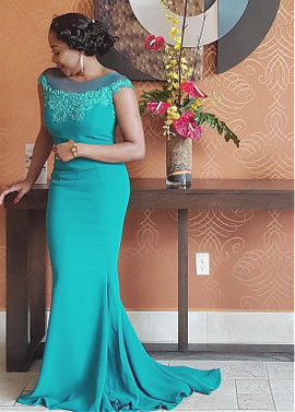 Sexy Elegant Chiffon Bateau Blue Mermaid Mother Of The Bride Dress With Beaded Lace Appliques under 130