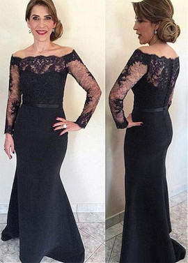 Shop 2020 Cheap Satin Off-the-shoulder Navy Long Sleeves Mermaid Mother Of The Bride Dress With Lace Appliques & Belt From Annakoo
