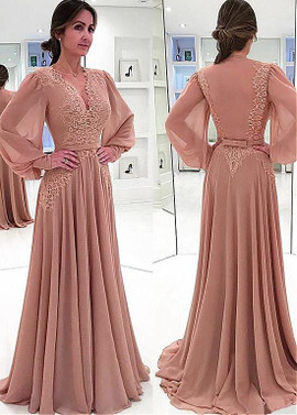Shop Gorgeous Chiffon V-neck Dusty Rose Long Sleeves A-line Mother Of The Bride Dress With Belt from Annakoo