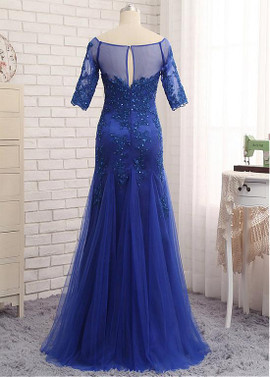 Blue Tulle Bateau Half Sleeves Mermaid Mother Of The Bride Dress