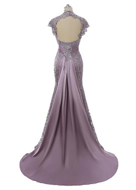 Satin High Collar Beaded Lace Appliques Mermaid Mother Of The Bride Dress