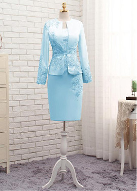  Lace Appliques Satin Jewel Blue Sheath/Column Mother Of The Bride Dress