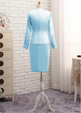  Lace Appliques Satin Jewel Blue Sheath/Column Mother Of The Bride Dress