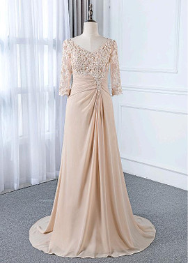 Chiffon V-neck Champagne Sheath/Column Mother Of The Bride Dress With Beaded Lace Appliques