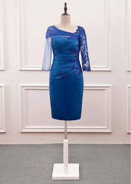 Satin Asymmetrical Blue Sheath Mother Of The Bride Dress With Beaded Lace Appliques