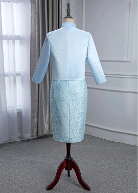 Satin Square Blue Knee-length Sheath/Column Mother Of The Bride Dress With Detachable Coat