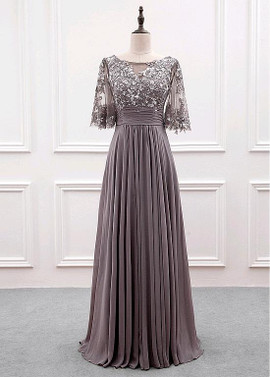 Shop Gray Chiffon Bateau Sequin Lace Appliques  Half Sleeves A-line Mother Of The Bride Dress from Annakoo