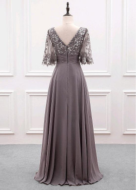 Shop Gray Chiffon Bateau Sequin Lace Appliques  Half Sleeves A-line Mother Of The Bride Dress from Annakoo