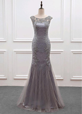 Shop Elegant Tulle Scoop Gray Mermaid Mother Of The Bride Dress With Beadings under 200