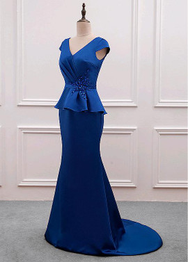 Shop Cheap Satin V-neck Blue Mermaid Mother Of The Bride Dress With Beading Under 100