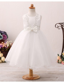 Short Beaded Lace Ivory Flower Girl Dress For Little Girls