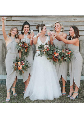 Shop Gray Cheap Chiffon Halter Gray Hi-lo Sheath/Column Bridesmaid Dress Under 90