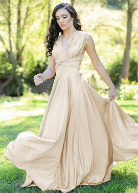 Shop Cheap Champagne Long Spandex V-neck Backless A-line Bridesmaid Dress 2020