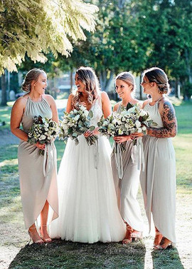 Shop Cheap Gray Chiffon Halter Short Sheath/Column Bridesmaid Dress under 100