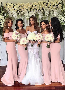 Shop Cheap Long Pink Satin Off-the-shoulder Long Mermaid Bridesmaid Dress under 100
