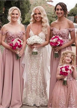 Shop Beautiful Beading Pink Chiffon Off-the-shoulder A-line Bridesmaid Dress under 150