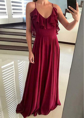 Shop Cheap Burgundy Long Chiffon Halter Backless  A-line Bridesmaid Dress For Sale