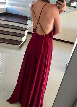 Shop Cheap Burgundy Long Chiffon Halter Backless  A-line Bridesmaid Dress For Sale