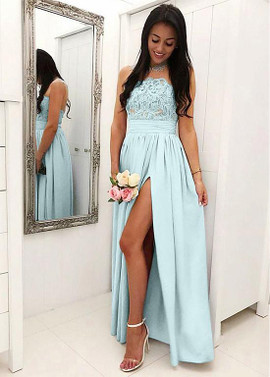Shop Cheap Chiffon Jewel Blue A-line Bridesmaid Dresses With Lace Appliques under 100