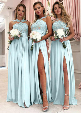 Shop Cheap Chiffon Jewel Blue A-line Bridesmaid Dresses With Lace Appliques under 100