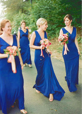Shop Cheap Spandex V-neck Blue Floor Length Sheath/Column Bridesmaid Dress Under 100