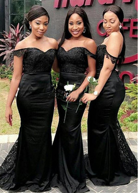 Shop Cheap Satin Off-the-shoulder Black Full-length Mermaid Bridesmaid Dress For 2020