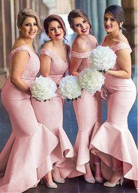 Shop New Arrival Satin Off-the-shoulder Pink Sexy Hi-lo Mermaid Bridesmaid Dress Under 100